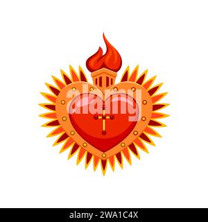 Cœur sacré mexicain avec symbole de dessin animé en croix. Tatouage spirituel de religion chrétienne ou patch, cœur sacré mexicain avec flamme de feu, croix d'or et vêtements de pointes isolé vecteur impression ou décoration Illustration de Vecteur