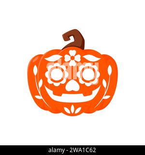 Fête d'Halloween visage de citrouille mexicaine. Mexican Day of the Dead Funny Jack o Lantern tatouage, visage de citrouille de vacances du Mexique avec des ornements de fleurs ou Halloween sourire sculpture décoration vectorielle de crâne Illustration de Vecteur