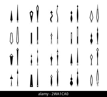Aiguilles d'horloge, flèches de montre isolées et pointeurs de temps. Icônes vectorielles monochromes ensemble de flèches de montre noires. Les paires d'aiguilles des heures et des minutes, composants essentiels des horloges analogiques de différentes formes et tailles Illustration de Vecteur