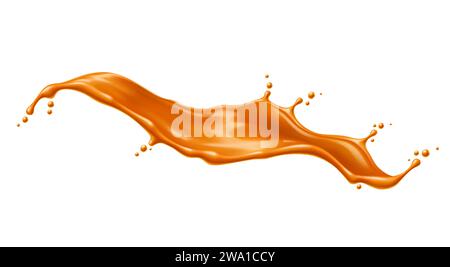 Éclaboussures de coulis de sauce caramel. Vector 3d splash de bonbons caramel à la crème de lait avec des gouttes et des ondulations. Sirop brun liquide réaliste de sucre fondu, beurre et crème, dessert ou confiserie Illustration de Vecteur