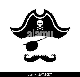 Masque de cabine photo pirate avec tricorne noir et cache-oeil. Visage de capitaine de vecteur isolé avec cache-yeux, moustaches et chapeau armé, ajoutant un charme flamboyant à n'importe quel ensemble de costumes Illustration de Vecteur