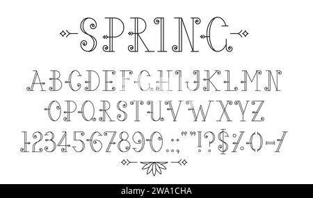 Élégante police florale monoline, type monogramme ou police de caractères, alphabet anglais romantique avec des lignes et des éléments de courbe propres. Vecteur majuscule abc pour lettres d'amour. Définir des signes ou des nombres de script de contour Illustration de Vecteur