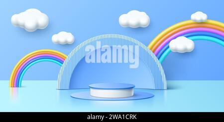 Podium de jouet enfant 3D avec arc-en-ciel et nuages sur scène de bébé enfants, fond vectoriel. Le piédestal de vitrine d'affichage de produits d'enfant ou de bébé ou le studio de salle d'exposition et la maquette de scène de vitrine d'exposition avec arc-en-ciel Illustration de Vecteur