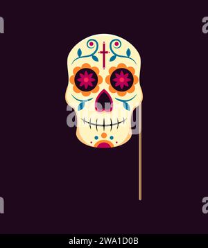 Masque de cabine photo de jour mort avec accessoires. Crâne de vacances mexicain dia de los muertos. Crâne de sucre traditionnel vibrant et orné sur bâton. Accessoire ludique pour des clichés effrayants et des fêtes masquées Illustration de Vecteur