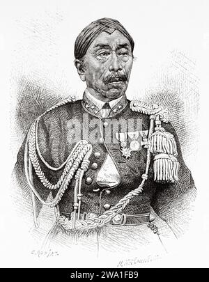 Portrait du prince Pangeran Adipati Ario Mangkoe Negoro IV (1853-1881) île de Java. Indonésie, Sud-est. Six semaines en Java 1879 par Desire Charnay (1828 - 1915). Gravure ancienne du 19e siècle du Tour du monde 1880 Banque D'Images