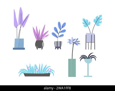 Ensemble de plantes d'intérieur en pots dans des couleurs pastel à la mode avec une texture minimale. Style plat simple dessiné à la main. Illustration de Vecteur
