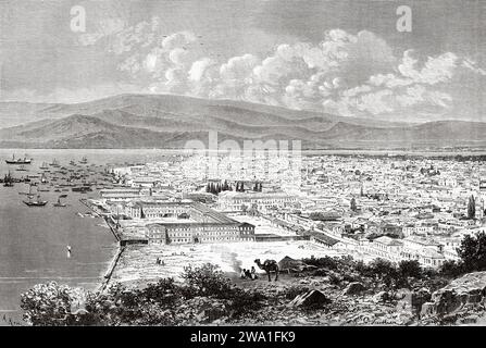 Une vue panoramique d'Izmir, Anatolie, Turquie. Voyage en Syrie 1875-1878 de Charles Louis Lortet (1836 - 1909) gravure ancienne du 19e siècle du Tour du monde 1880 Banque D'Images