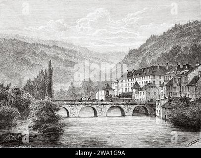 Pont sur le Doubs, village Saint Hippolyte, Doubs. Bourgogne-Franche-Comté, France, Europe. Le saut du Doubs, frontière franco-suisse. Souvenir de Franche Comté par Charles Joliet (1832 - 1910) gravure ancienne du 19e siècle du Tour du monde 1880 Banque D'Images