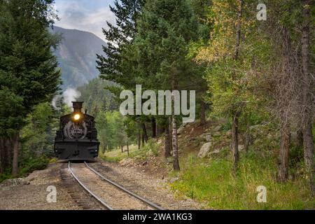 Le chemin de fer Durango Silverton à voie étroite à l'arrêt Needleton le long de la rivière Animas Banque D'Images