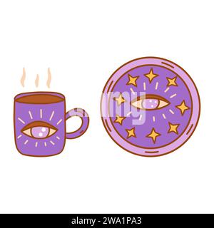 Tasse et assiette violettes élégantes avec troisième œil et étoiles jaunes. Mug avec boisson chaude. Thème de spiritualité et de sensibilisation. Ustensiles de cuisine. Vect. Coloré Illustration de Vecteur