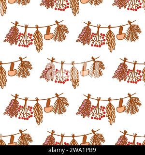 Motif sans couture. Grappes d'herbes séchées sur corde avec des champignons. Herborisme, médecine populaire et tradition, naturopathie. Vecteur coloré doodle illustrati Illustration de Vecteur