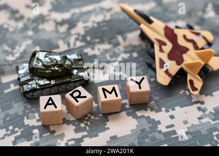 Concept DE L'ARMÉE sur l'uniforme de camouflage Banque D'Images