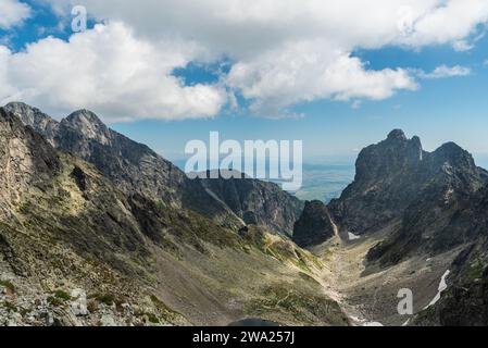 Partie la plus haute de la vallée de Mala Studena dolina avec des sommets au-dessus dans les montagnes des Hautes Tatras en Slovaquie - vue depuis le col de Sedielko Banque D'Images