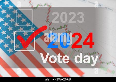 Année de l'élection présidentielle 2024 aux États-Unis comme modèle d'illustration sur le mur de fond bleu avec réflexion. Banque D'Images