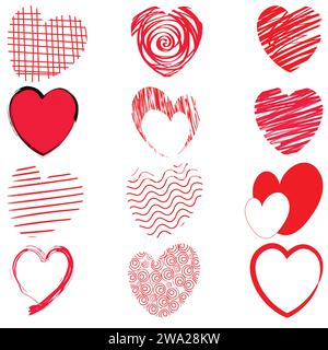 Collection dessinée à la main de Valentine Hearts Set avec remplissage Scribble isolé sur un fond blanc. Pour Poster, site Web, Saint Valentin ou cartes de fête des mères Illustration de Vecteur