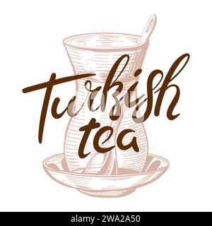 Croquis dessinés à la main de verre de thé turc. Gastro symboles d'Istanbul avec lettrage du thé turc. Illustration vectorielle. Illustration de Vecteur
