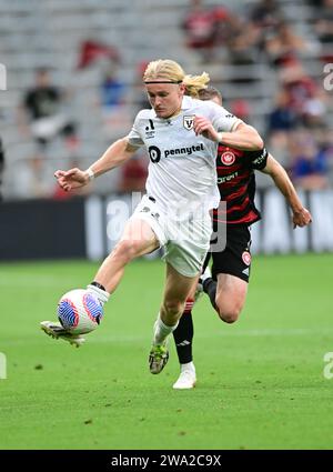 Parramatta, Australie. 01 janvier 2024. Lachlan Rose du Macarthur FC vu en action lors du match de la saison 10 de la saison 2023/24 entre Western Sydney Wanderers FC et Macarthur FC au CommBank Stadium. Score final ; Western Sydney Wanderers FC 3:1 Macarthur. Crédit : SOPA Images Limited/Alamy Live News Banque D'Images