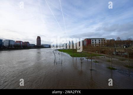 Allemagne - Hessen - Francfort-sur-le-main - 29.12.2023 / Impressionen aus Frankfurt am main / Hochwasser mit dem Blick auf die Frankfurter Skyline Impressionen aus Frankfurt am main *** Allemagne Hesse Frankfurt am main 29 12 2023 impressions de Frankfurt am main Flood avec vue sur les toits de Francfort impressions depuis Francfort am main Banque D'Images