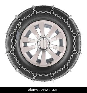 Roue de voiture avec pneu d'hiver et chaîne à neige, rendu 3D isolé sur fond blanc Banque D'Images