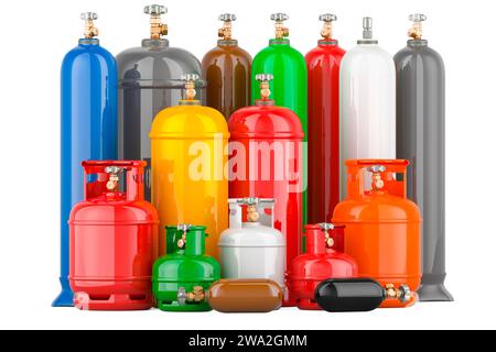 Ensemble de différentes bouteilles de gaz liquéfié industriel, rendu 3D isolé sur fond blanc Banque D'Images