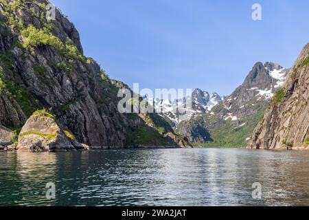Le Trollfjorden ensoleillé à Lofoten, en Norvège, est une symphonie des couleurs vives de la nature estivale, avec des falaises escarpées menant à des sommets enneigés. Banque D'Images