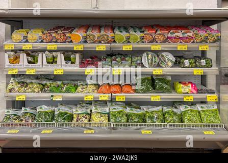 Italie - 28 décembre 2023 : Nettoyez les légumes en sac, les salades et les soupes de divers types dans les emballages présentés dans une vitrine réfrigérée Banque D'Images