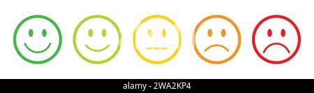 Évaluation emojis défini dans le contour de différentes couleurs. Collection d'émoticônes de rétroaction. Emojis très heureux, heureux, neutre, triste et très triste. Emojis à icône plate. Illustration de Vecteur