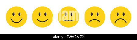 Note emojis défini en couleur jaune. Collection d'émoticônes de rétroaction. Emojis très heureux, heureux, neutre, triste et très triste. Icône plate définie pour évaluer emojis. Illustration de Vecteur