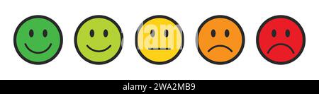 Note emojis mis en noir avec contour. Collection d'émoticônes de rétroaction. Emojis très heureux, heureux, neutre, triste et très triste. Illustration de Vecteur