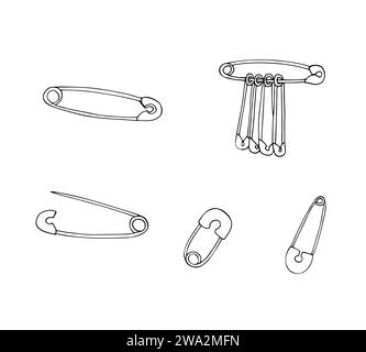 Jeu de goupilles de fixation de sécurité dessinées à la main isolé sur fond blanc. Collection d'épingles de sécurité à coudre. Illustration vectorielle de style Doodle. Illustration de Vecteur