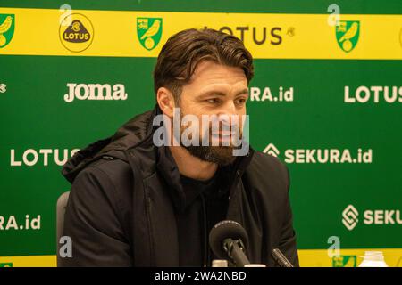 Norwich le lundi 1 janvier 2024. L'entraîneur de Southampton Russell Martin dans la conférence de presse après le match du championnat Sky Bet entre Norwich City et Southampton à Carrow Road, Norwich le lundi 1 janvier 2024. (Photo : David Watts | MI News) crédit : MI News & Sport / Alamy Live News Banque D'Images