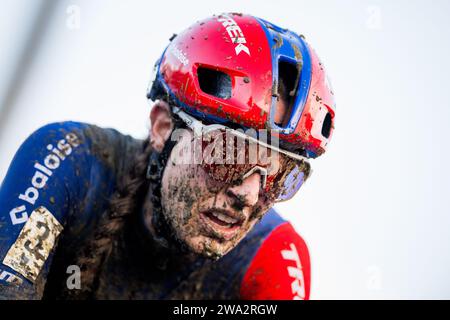 Baal, Belgique. 01 janvier 2024. La Dutch Lucinda Brand franchit la ligne d'arrivée lors de la course élite féminine de l'épreuve cycliste de cyclocross 'GP Sven Nyss' lundi 01 janvier 2024 à Baal, étape 4/8 de la compétition 'Trofee Veldrijden' de X2O Badkamers. BELGA PHOTO JASPER JACOBS crédit : Belga News Agency/Alamy Live News Banque D'Images