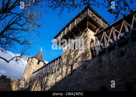 Château Comtal, grand château du 12e siècle restauré, perché sur une colline, avec un musée dans cette célèbre ville fortifiée médiévale, la Cité, citadelle médiévale, Carcasso Banque D'Images