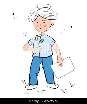Garçon avec une fleur sur un fond blanc Illustration de Vecteur