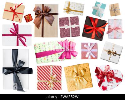 Boîte-cadeau avec ensemble de ruban, collection de boîtes de cadeaux diverses isolées sur fond blanc, emballage plat Banque D'Images