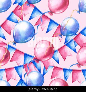 Motif sans couture avec drapeaux festifs, guirlandes et ballons dans des tons bleus et roses. Illustration aquarelle faite à la main. Sur fond rose. Pour Greetin Banque D'Images