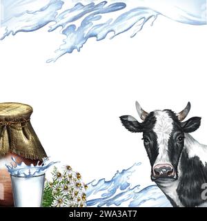 Un cadre avec une vache et des produits laitiers et une éclaboussure de lait. Illustration à l'aquarelle dessinée à la main. Pour bannière publicitaire de lait, emballage de produits laitiers Banque D'Images