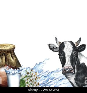 Un cadre avec une vache et des produits laitiers et une éclaboussure de lait. Illustration à l'aquarelle dessinée à la main. Pour bannière publicitaire de lait, emballage de produits laitiers Banque D'Images