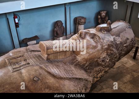 Memphis, Égypte - 2 janvier 2024 : statue monumentale de Ramsès II sculptée dans le calcaire et mesurant environ 10 mètres de long Banque D'Images