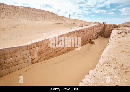 Saqqara, Egypte - 2 janvier 2024 : puits de bateau royal de l'ancien Empire ou quai dans la nécropole de Saqqara Banque D'Images