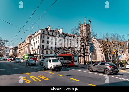 Genève, Suisse - 25 mars 2022 : la basilique notre-Dame de Genève est la principale église catholique romaine de Genève, en Suisse. Banque D'Images