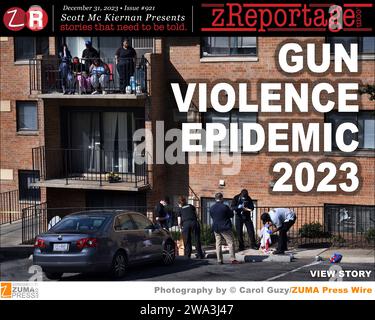 zReportage.com Numéro #921 Histoire de la semaine : publié DIMANCHE 31 décembre 2023 : 'GUN VIOLENCE EPIDEMIC 2023' photos et texte par 4 fois lauréat du prix Pulitzer photographe de ZUMA Press CAROL GUZY : 'GUN VIOLENCE EPIDEMIC 2023' Une mère gémit, "mon bébé, mon bébé!" alors qu'elle rattrape son fils pour la dernière fois et que le cercueil se ferme. La douleur de Tamika Linbrith est primitive et implacable pendant les funérailles de Kylis Fagbemi, 20 une des victimes d'une fusillade de masse lors d'une fête de bloc Brooklyn Homes à Baltimore MD dans ce qui est devenu une épidémie de violence armée aux États-Unis. « Il était mon protecteur, mon cœur, ' nous Banque D'Images