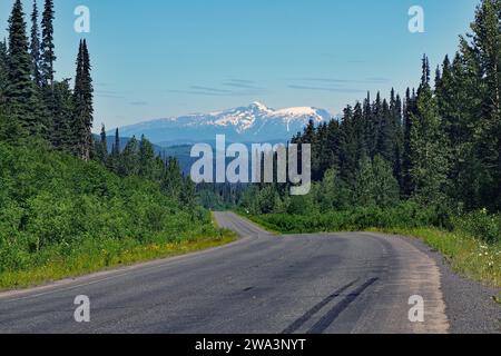 Une route étroite et sans circulation traverse un paysage montagneux accidenté, des montagnes couvertes de forêts et de neige, une nature sauvage, Stewart Cassiar Highway, British Col Banque D'Images