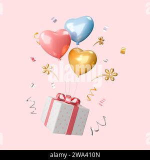Concept de Saint-Valentin. Air chaud de coeur 3D volant avec boîte-cadeau isolé sur fond rose avec chemin de découpage. Concept d'amour pour la fête des mères heureuse Banque D'Images