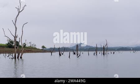 Lac dans une zone montagneuse avec verdure partiellement couverte de nuages Banque D'Images