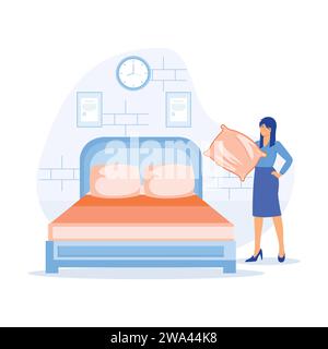 Femme de ménage en uniforme faisant lit dans la chambre, femme de ménage, service de chambre, petit déjeuner au lit, gestion de l'hôtel, vecteur d'affaires d'hospitalité cartoon.flat v Illustration de Vecteur