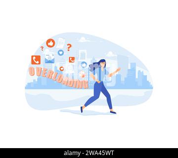 Informations de surcharge. Jeune femme fuyant le flux d'information. illustration moderne vectorielle plate Illustration de Vecteur