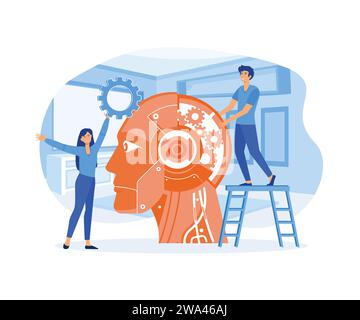 Minuscules personnages d'affaires avec des engrenages à énorme Cyborg Head. Intelligence artificielle, apprentissage automatique et formation. illustration moderne vectorielle plate Illustration de Vecteur