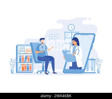 Application mobile pour médecin en ligne. Homme utilisant l'application mobile, contrôler les indicateurs de santé, consulter un médecin en ligne. illustration moderne vectorielle plate Illustration de Vecteur