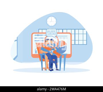 Équipe de gens d'affaires travaillant sur le tableau de bord graphique de moniteur. illustration moderne vectorielle plate Illustration de Vecteur